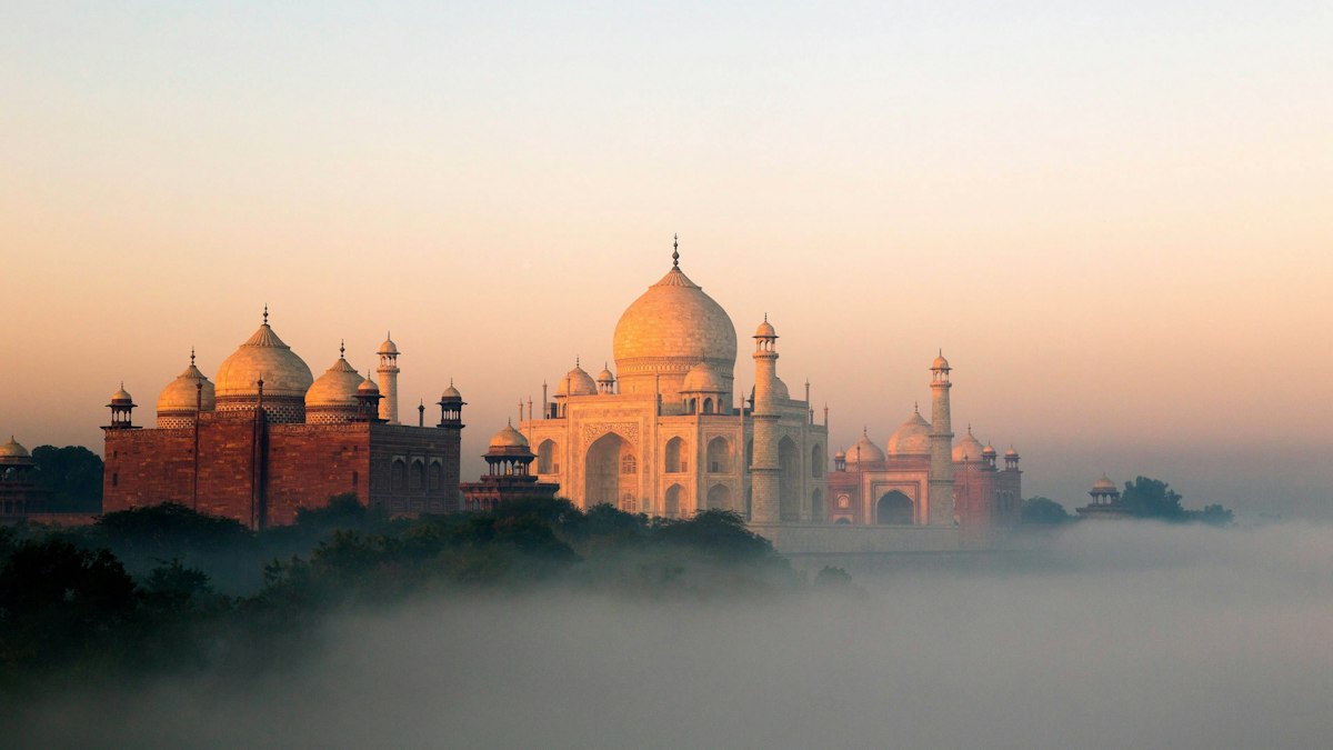 The Taj Mahal rising out of the morning mist, Agra